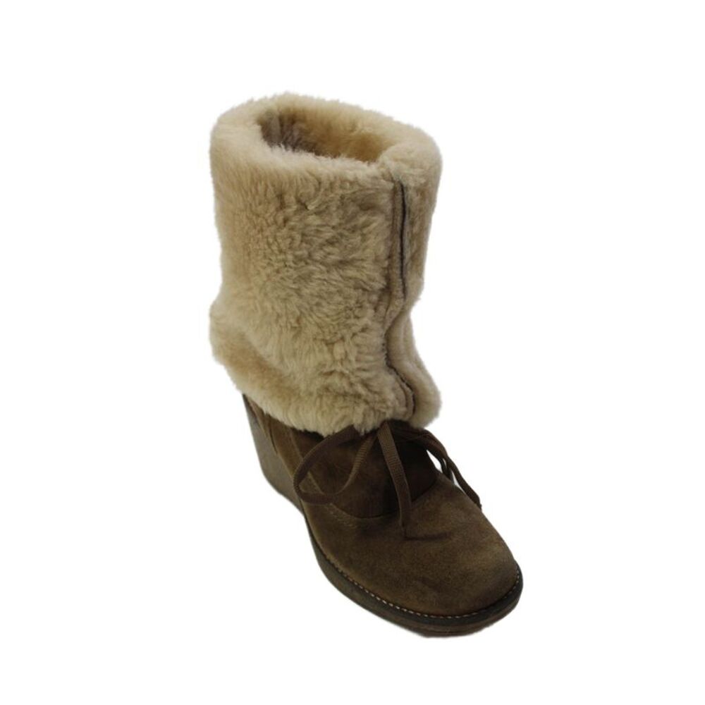 C La Canadienne Womens Suede Cuffed Wedge Heel Ankle Boots Brown Size 6